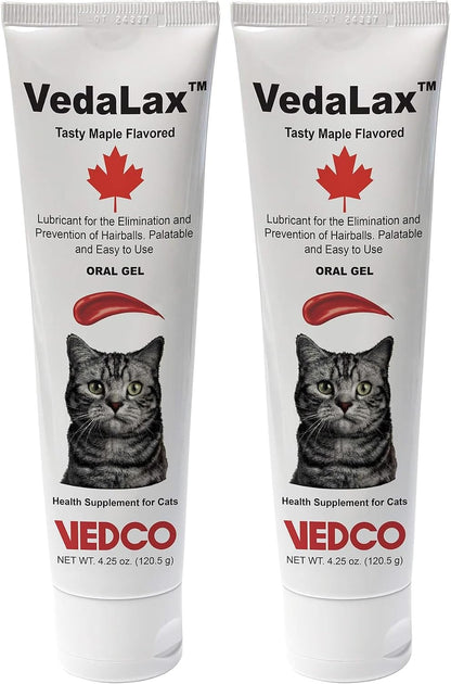 VedaLax Maple Flavored Cat Oral Gel packaging showing dosage instructions and measurements.