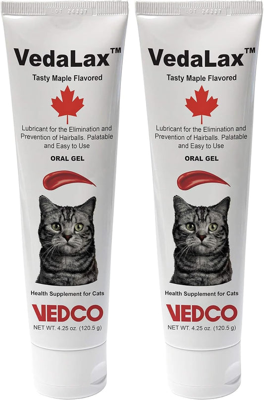 VedaLax Maple Flavored Cat Oral Gel packaging showing dosage instructions and measurements.