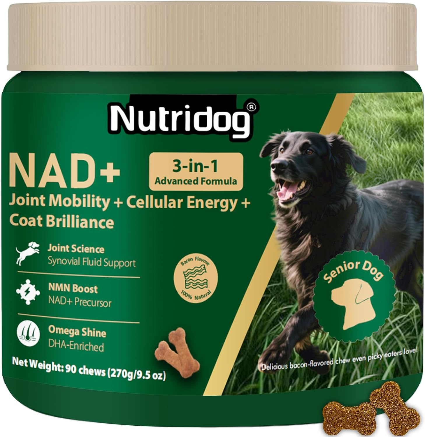 Nutridog NMN Supplement for Dogs front container view showing ninety bacon flavored soft chews for senior dog anti aging support