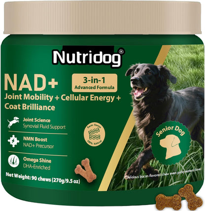 Nutridog NMN Supplement for Dogs front container view showing ninety bacon flavored soft chews for senior dog anti aging support