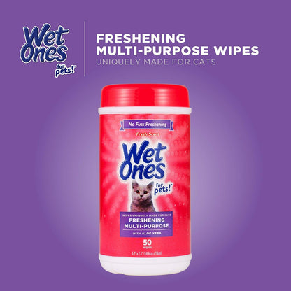 Close up view of Wet Ones cat freshening wipes packaging
