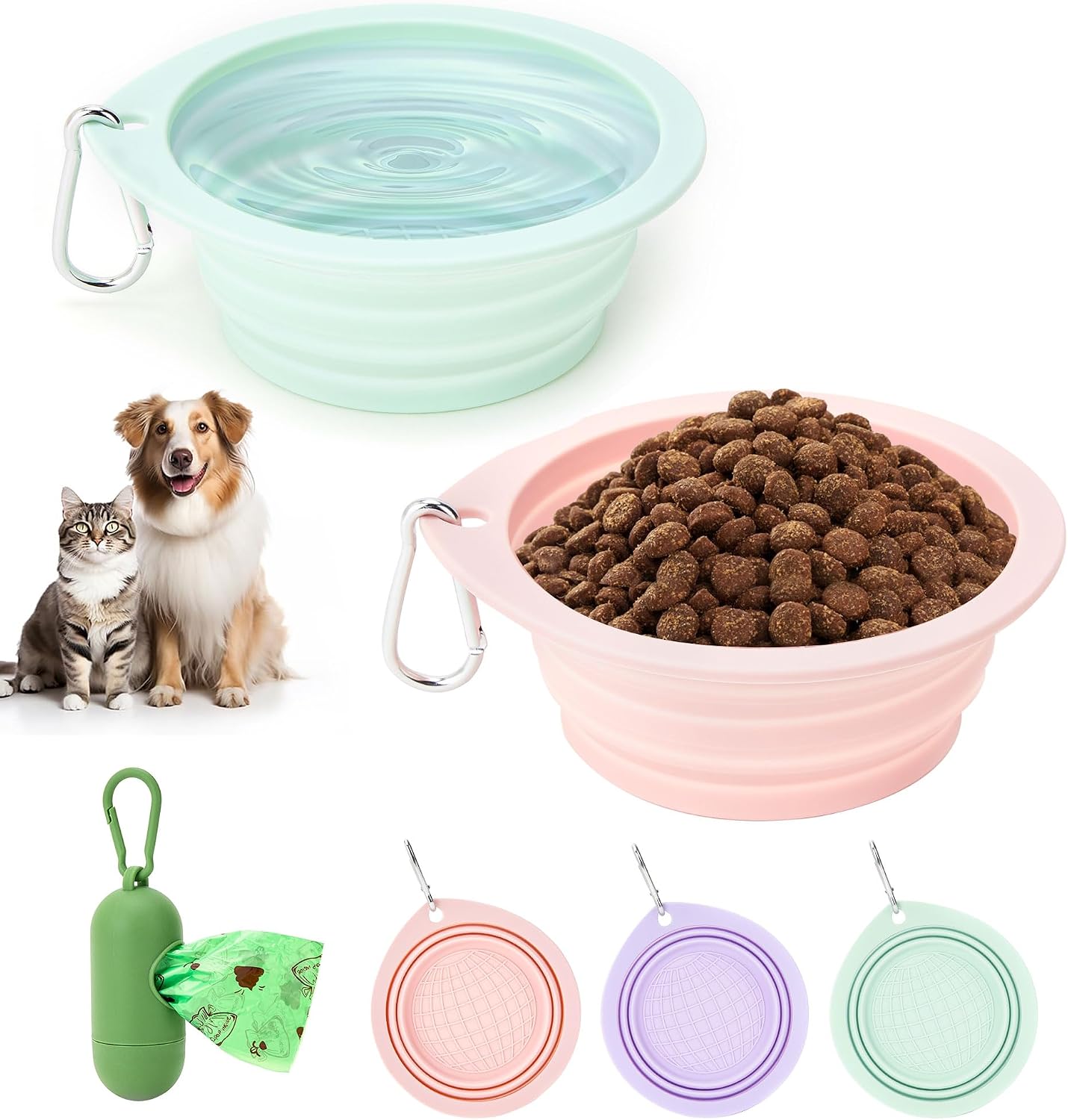 Foodie Puppies collapsible dog bowls front view showing pink and green travel set