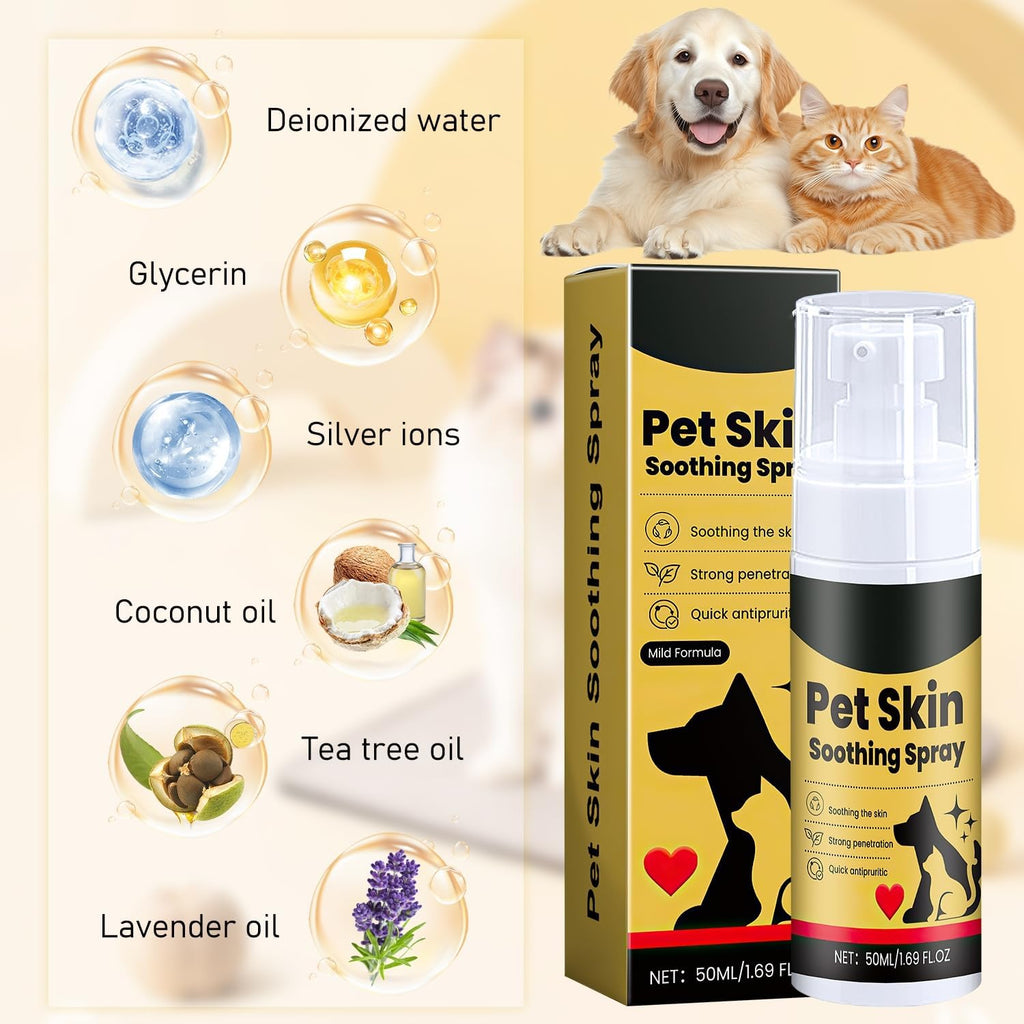Two bottles of imported USA dog skin soothing solution on white background.