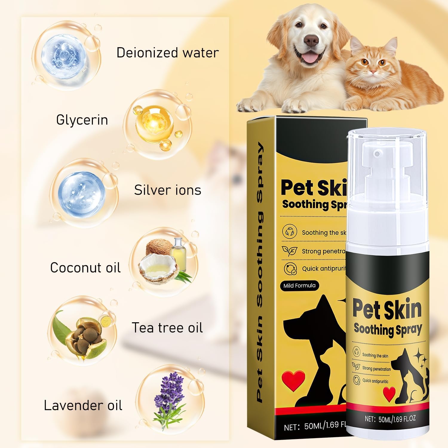 Two bottles of imported USA dog skin soothing solution on white background.