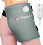 Comfytemp hip heating pad front view showing gray flannel fabric brace and electric controller.