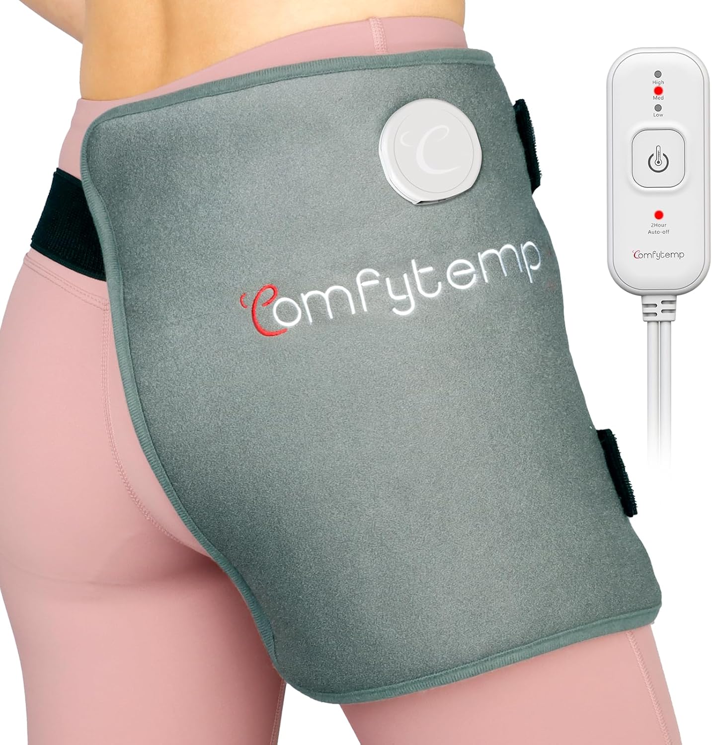 Comfytemp hip heating pad front view showing gray flannel fabric brace and electric controller.