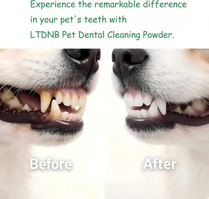 Natural pet oral care powder jar showing benefits for fresh breath