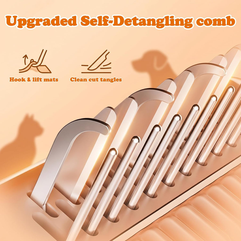 Dual-sided detangling comb efficiently cutting through stubborn pet hair mats.