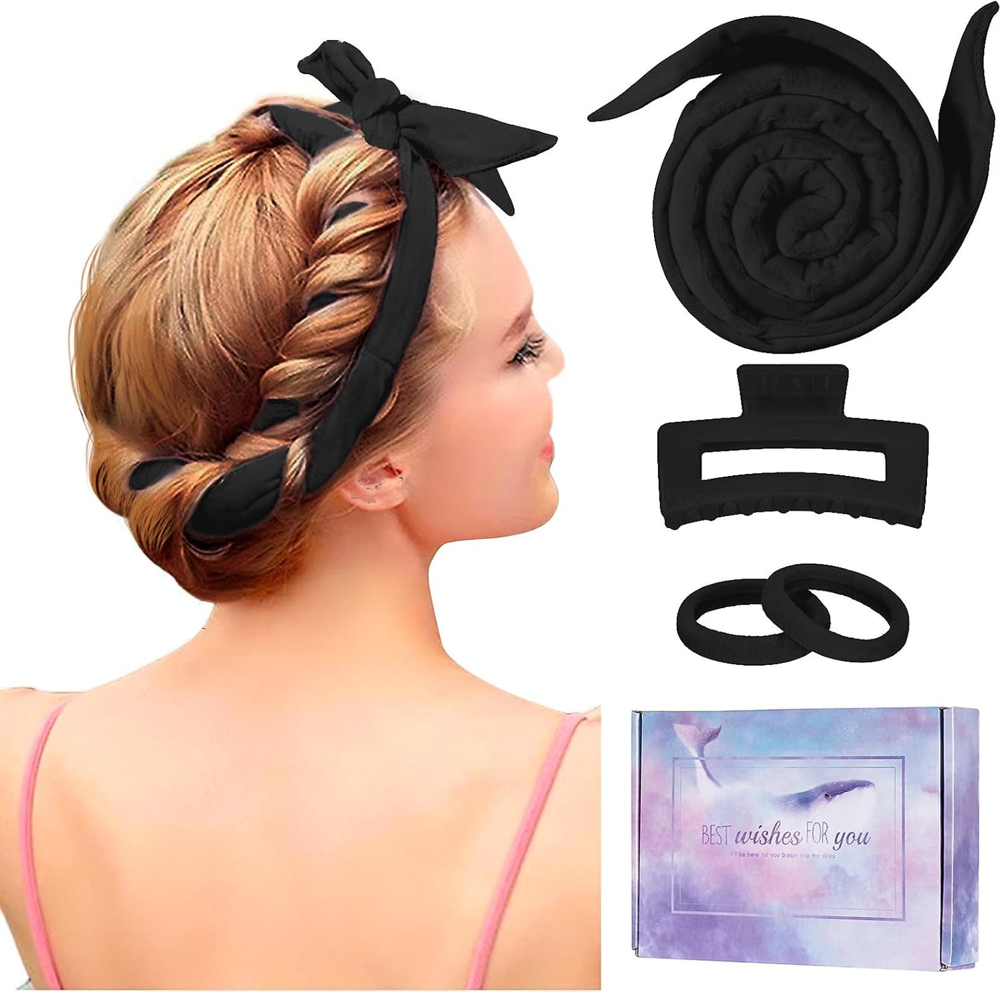 Flylipu heatless curling rod headband front view black velvet overnight hair styling tool.