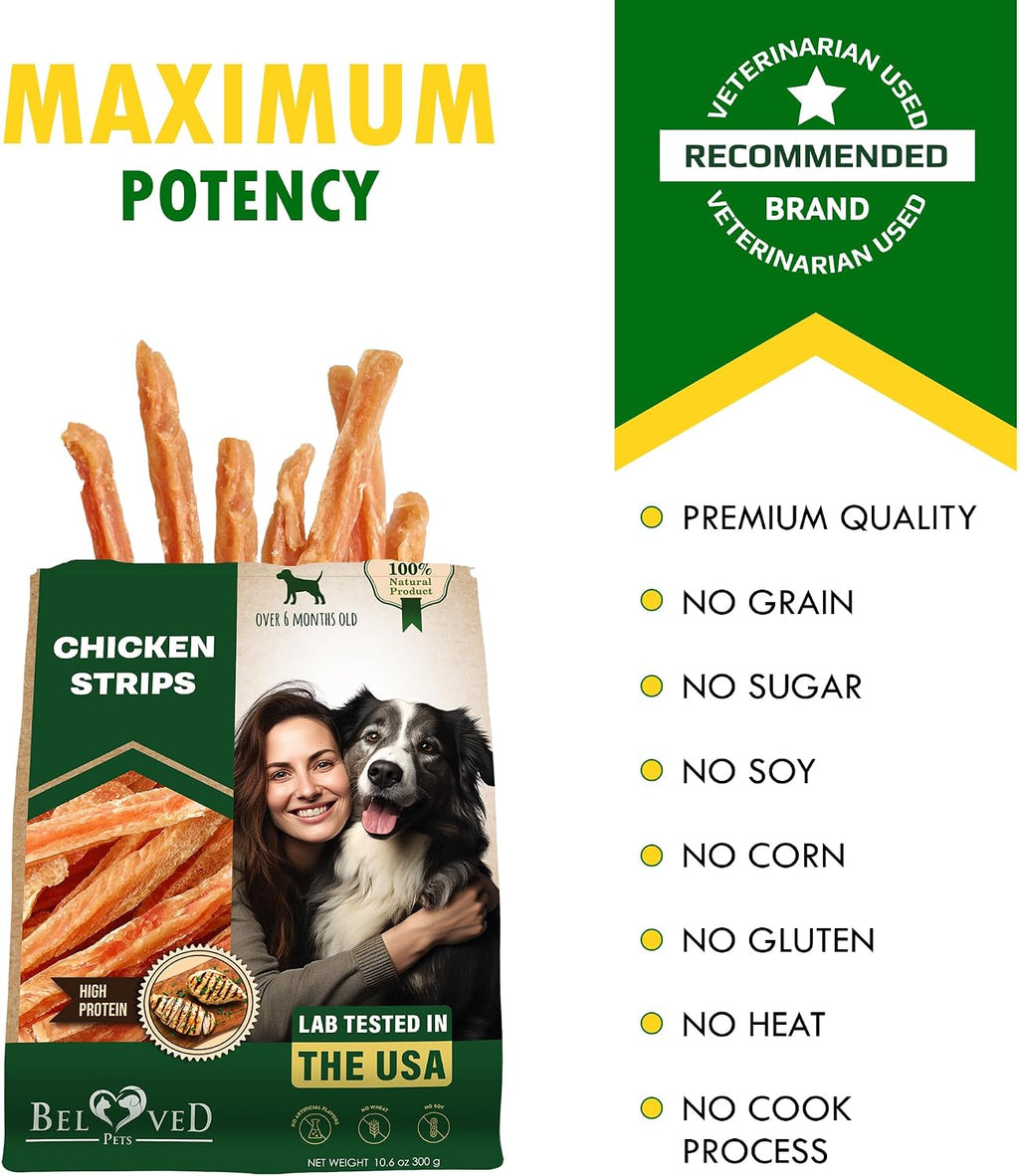 Small breed dog enjoying a chicken jerky strip treat