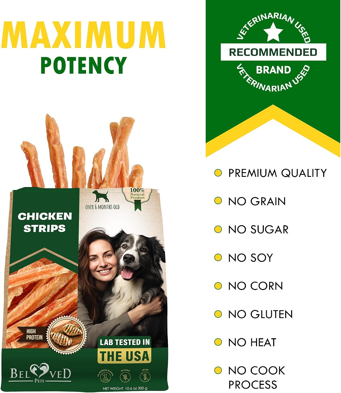 Small breed dog enjoying a chicken jerky strip treat