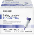 McKesson safety lancets for diabetes testing front view showing the purple push button activation box.
