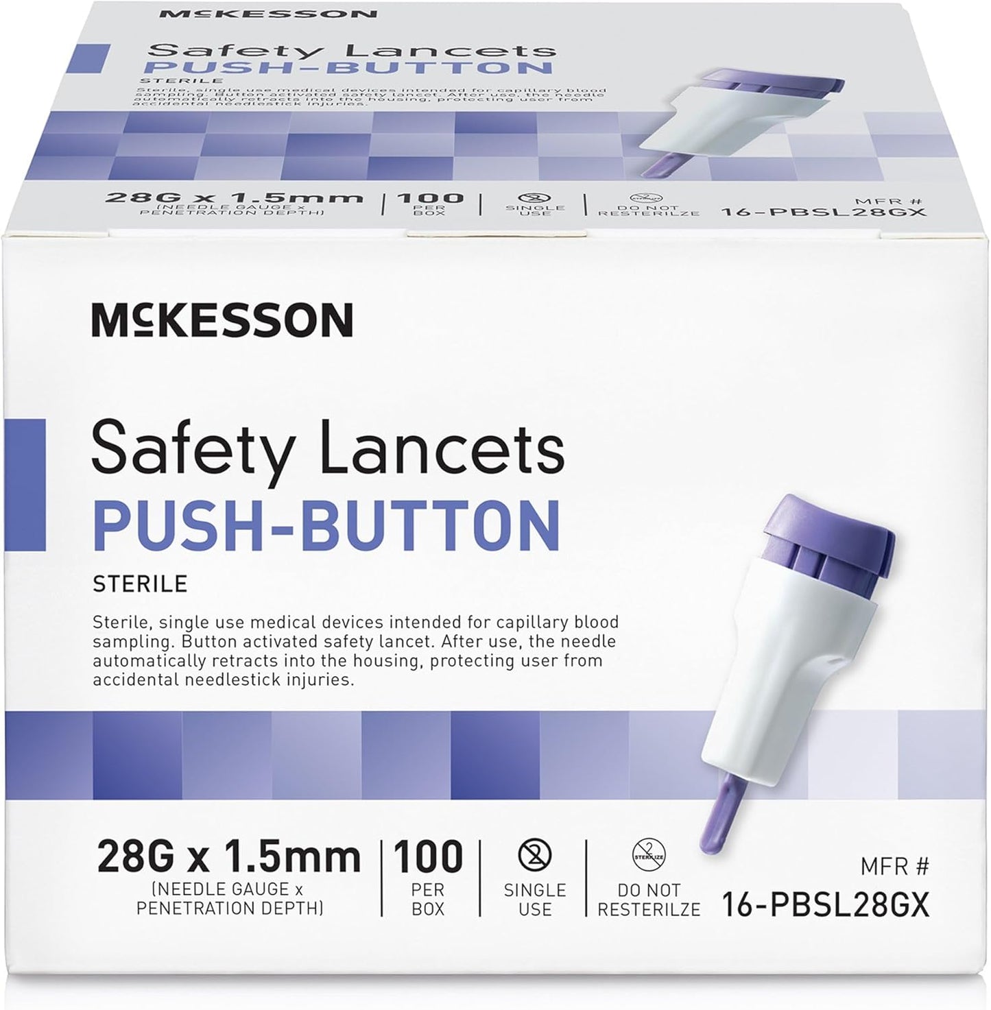 McKesson safety lancets for diabetes testing front view showing the purple push button activation box.