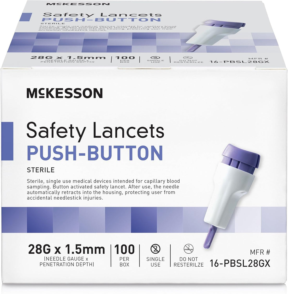McKesson safety lancets for diabetes testing front view showing the purple push button activation box.