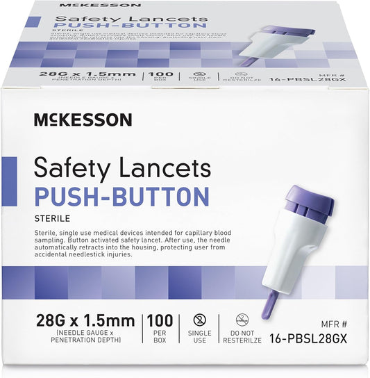 McKesson safety lancets for diabetes testing front view showing the purple push button activation box.