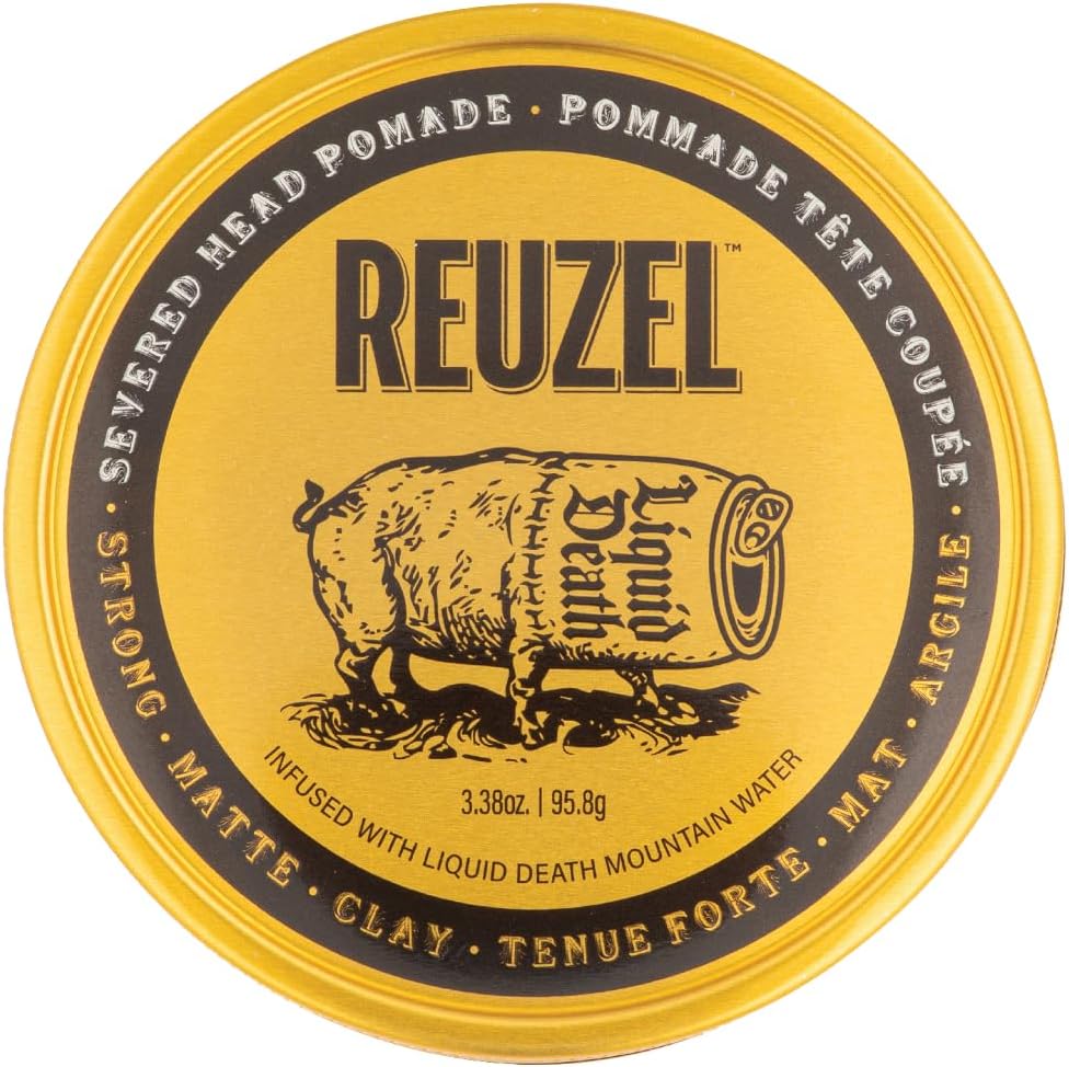 Reuzel Liquid Death Severed Head Matte Clay Pomade front view of yellow tin container