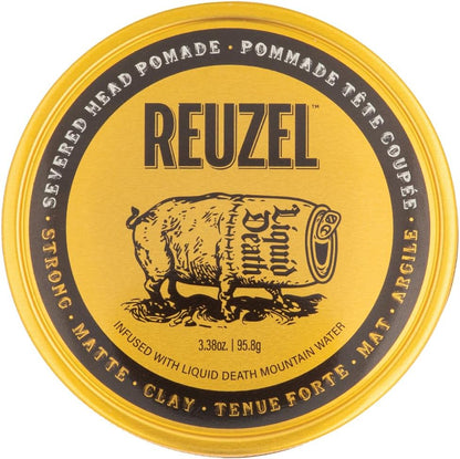 Reuzel Liquid Death Severed Head Matte Clay Pomade front view of yellow tin container