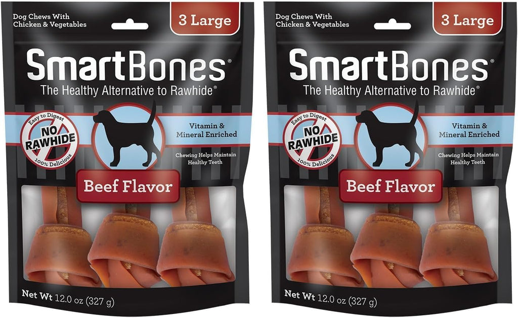 SmartBones large dog treats showcasing the vegetable exterior and savory peanut butter core