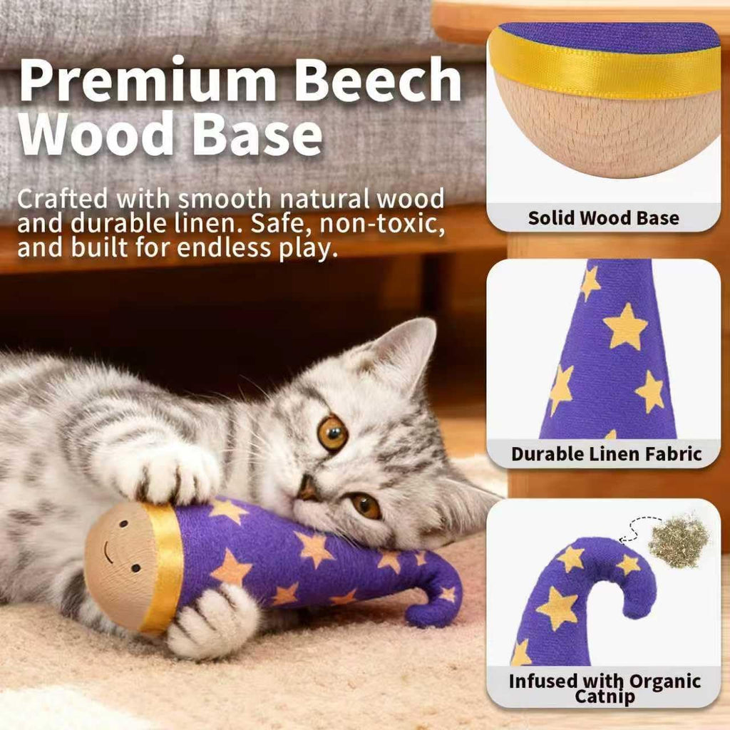 Natural beech wood interactive kitten toy with catnip interior