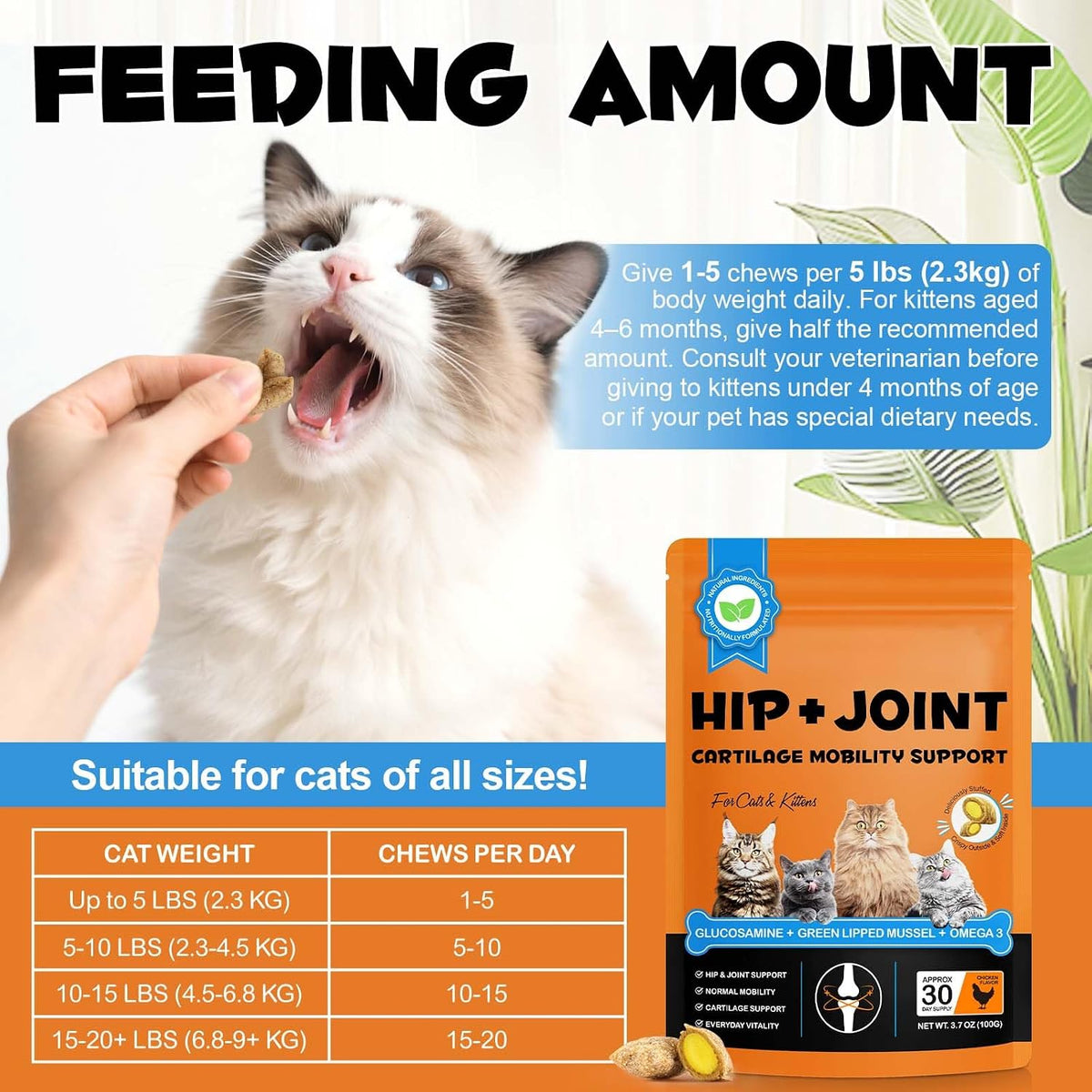 Detailed product packaging for cat joint health 3.7 ounce size