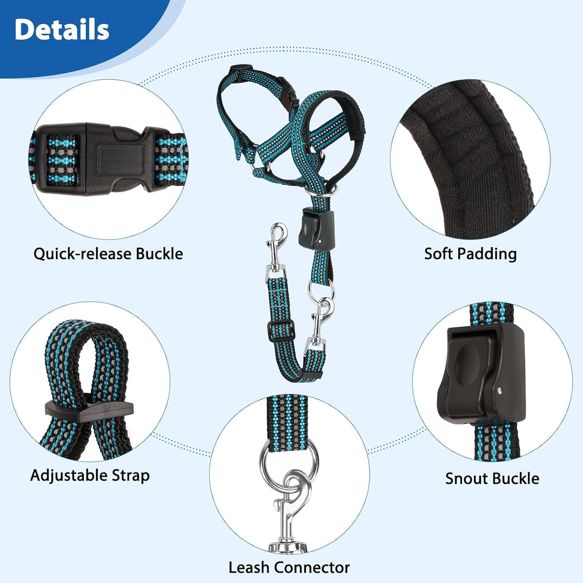BARKLESS No Pull Dog Head Collar for Gentle Training Walking, Soft Padded Head Halter with Collar Safety Clip, Comfortable Fit Muzzle Leash with Reflective Strap for Medium Large Dog (Blue, L) - Image 9