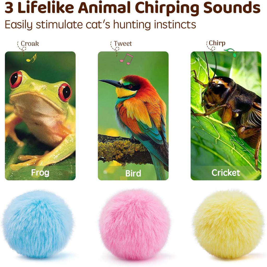 Three interactive plush cat balls featuring different animal sound designs