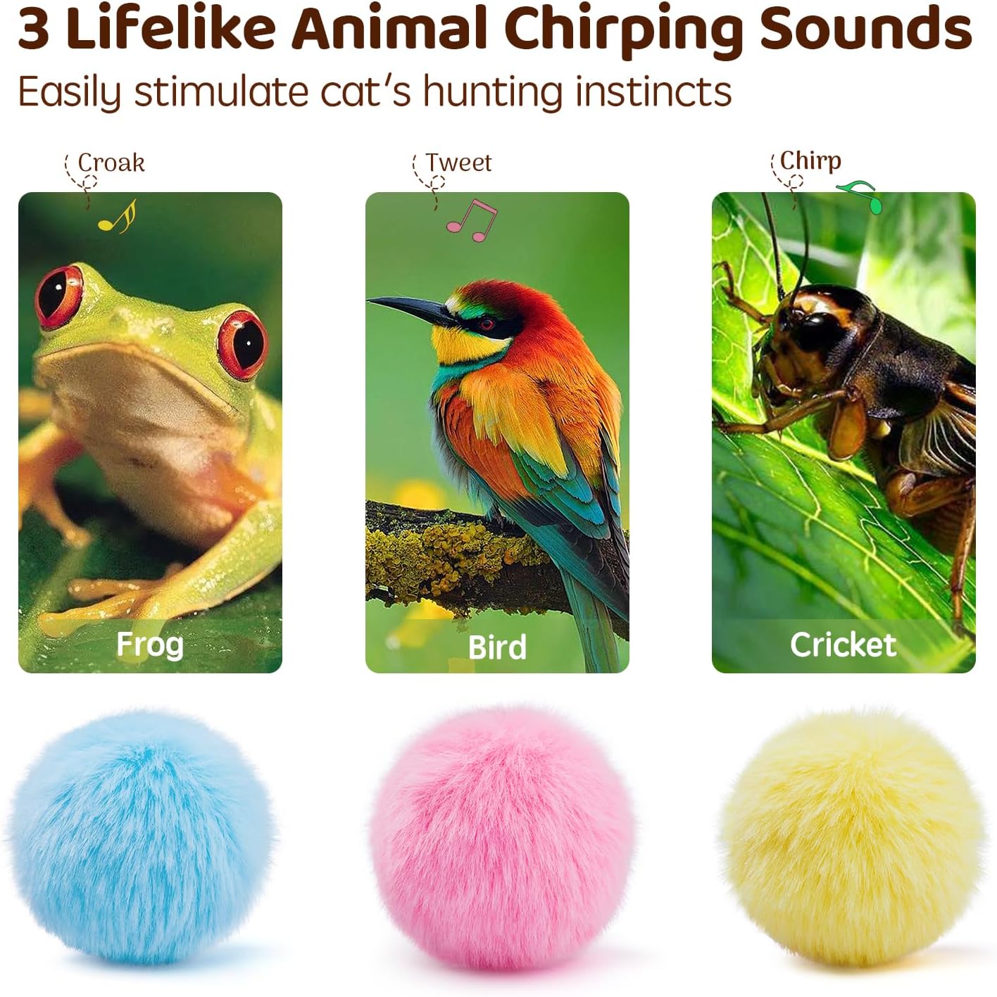 Three interactive plush cat balls featuring different animal sound designs