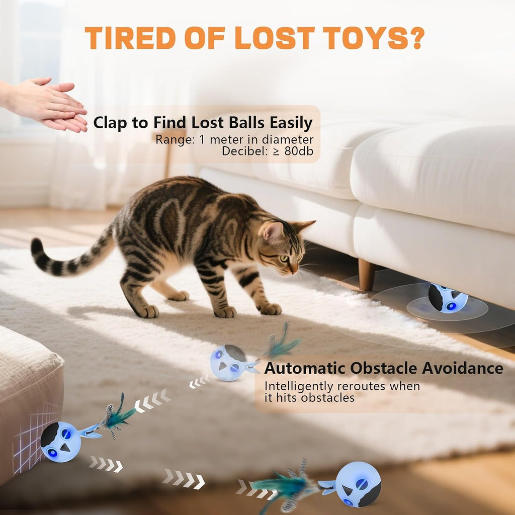 Blue Kiwilove smart cat ball in action on indoor floor