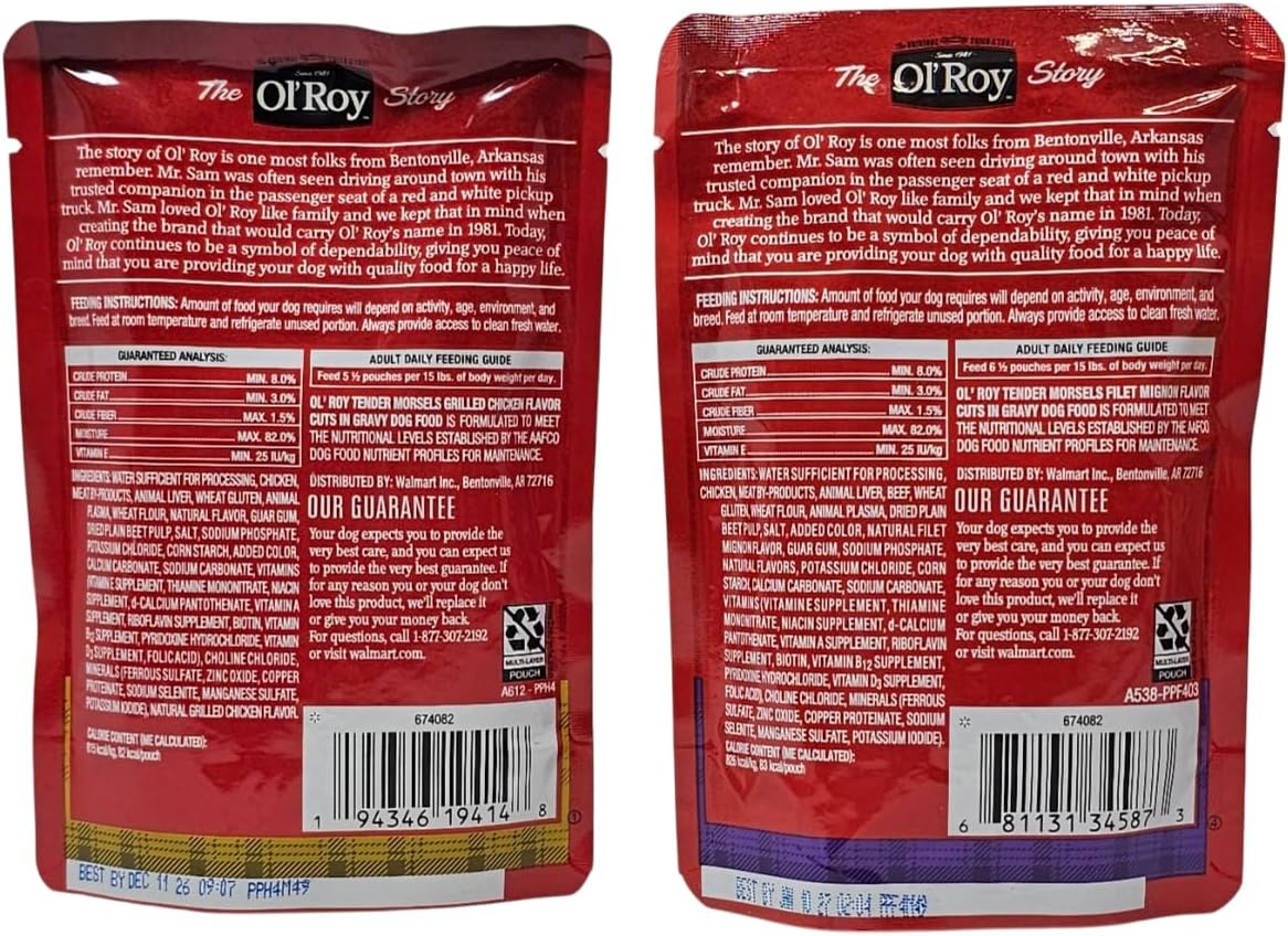 Single serving pouch of Ol' Roy tender morsels in gravy for adult dogs