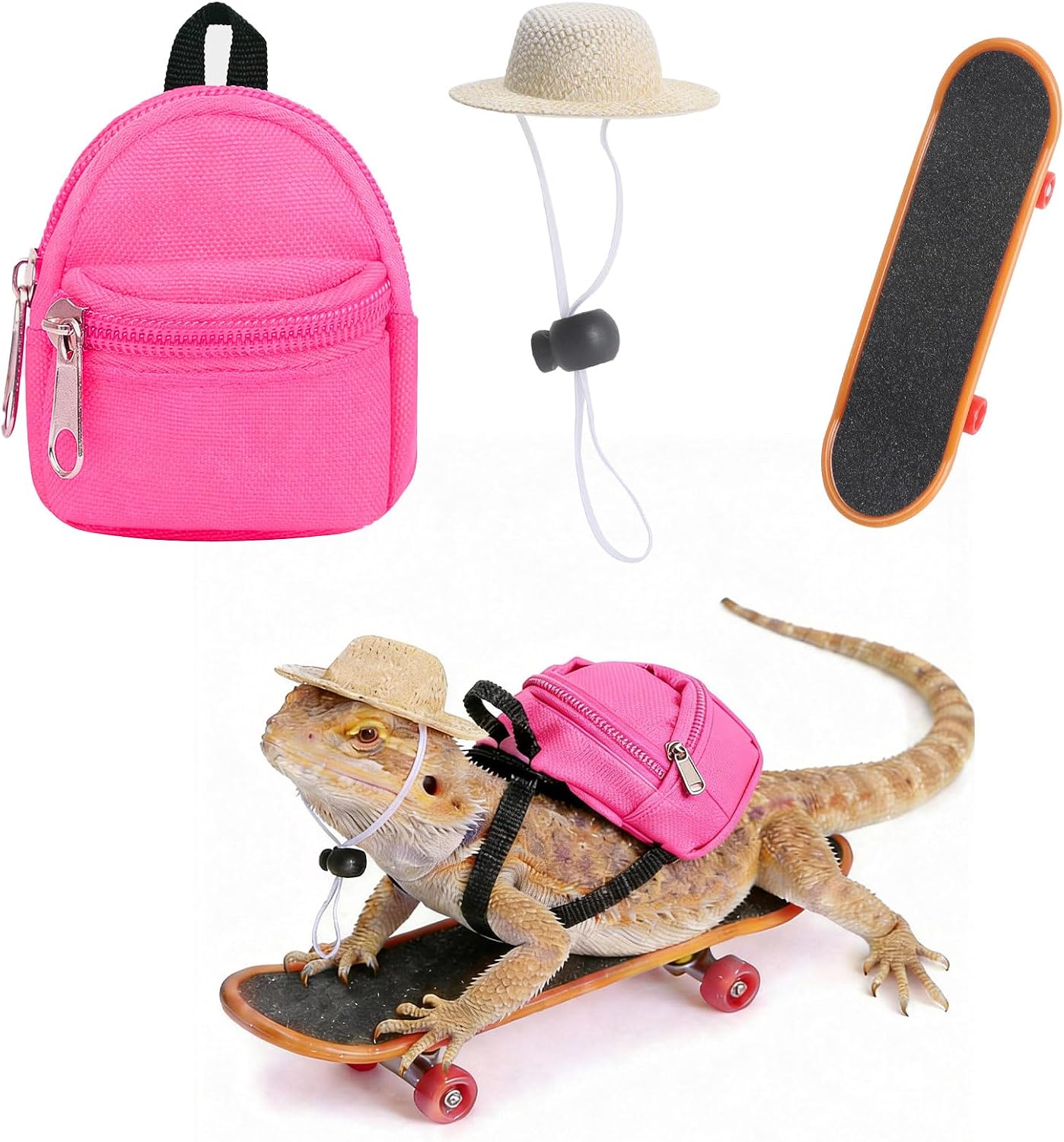 HAEZU bearded dragon clothes front view showcasing the rose red mini backpack and straw hat.