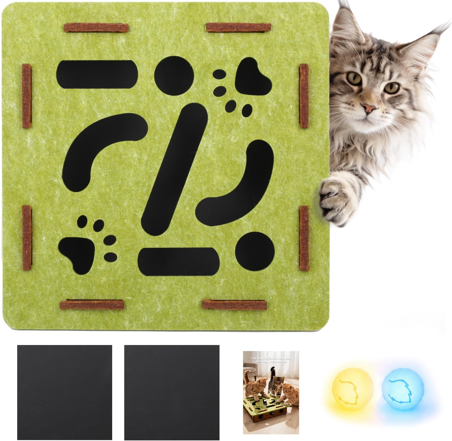 Luampo felt cat nail file scratcher puzzle front view with green maze openings.