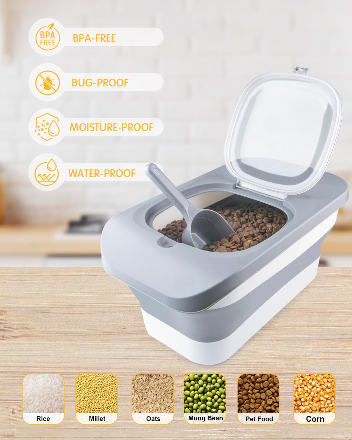 Grey and white collapsible container for pet food or rice