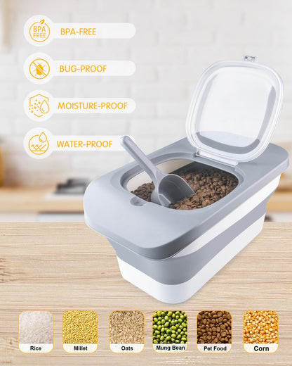 Grey and white collapsible container for pet food or rice