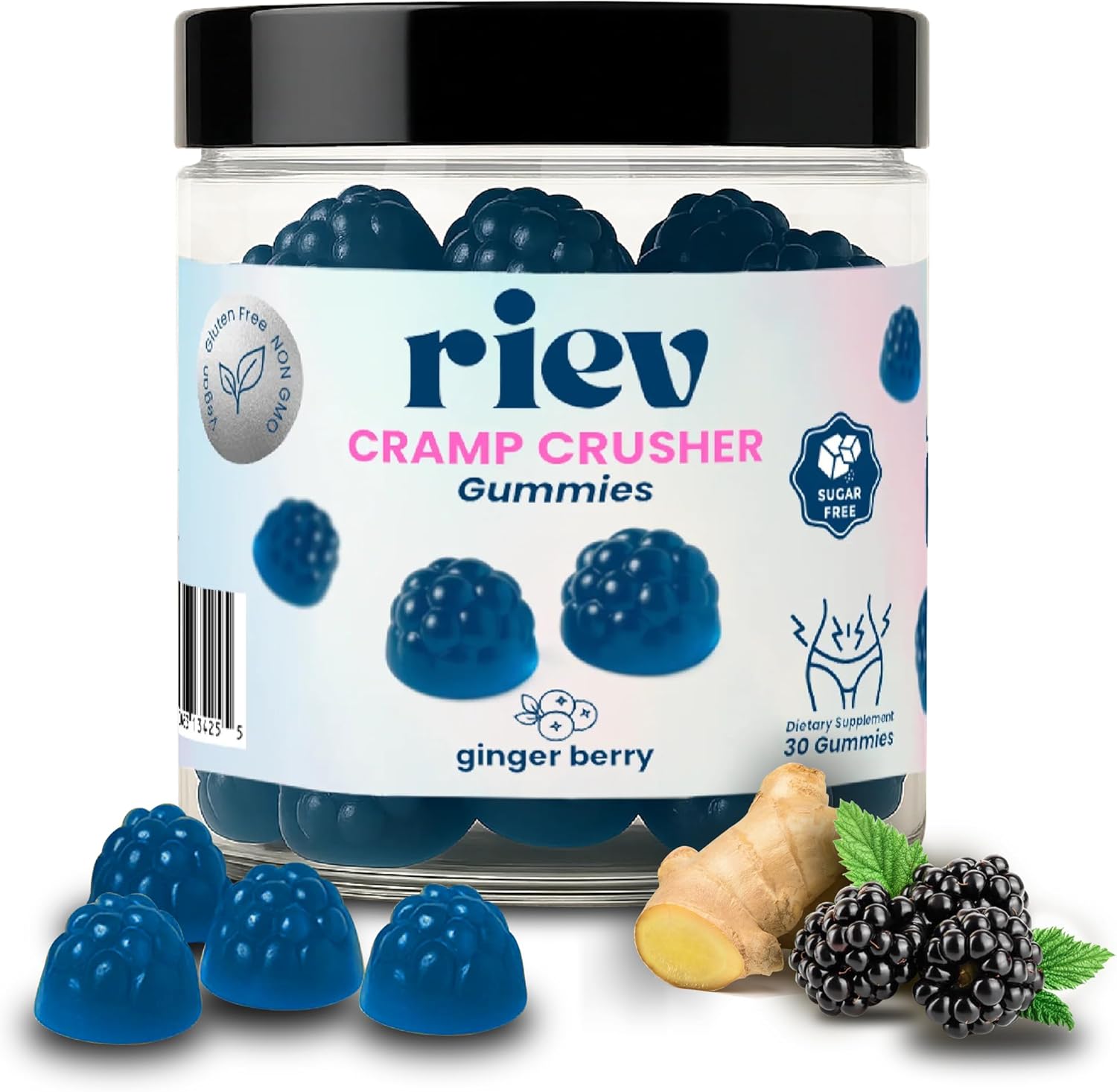Riev Cramp Crusher Gummies front bottle view for period relief