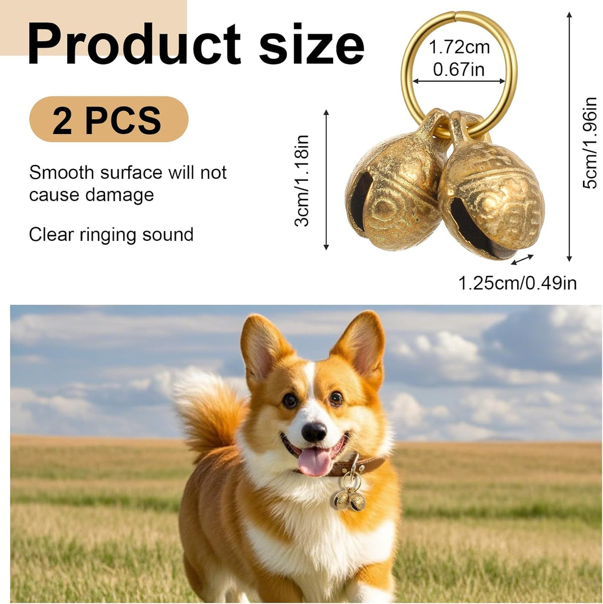 Matwsec copper colored pet tracking bells attached securely to a small cat collar.