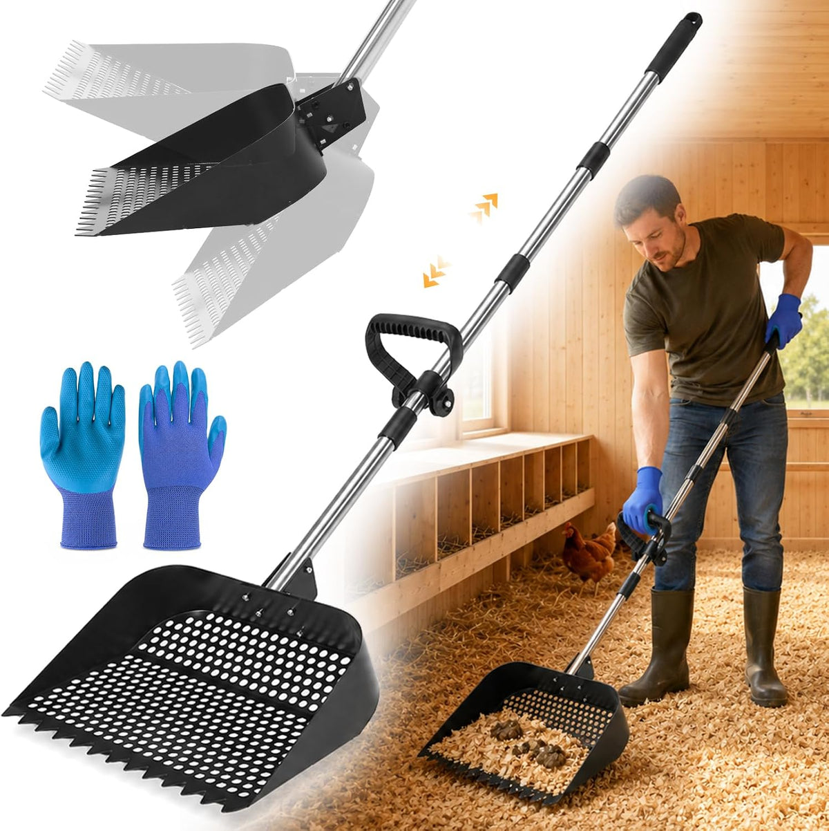 PawGiant 2-in-1 chicken poop scooper and rake front view showcasing wide stainless steel sifting shovel head