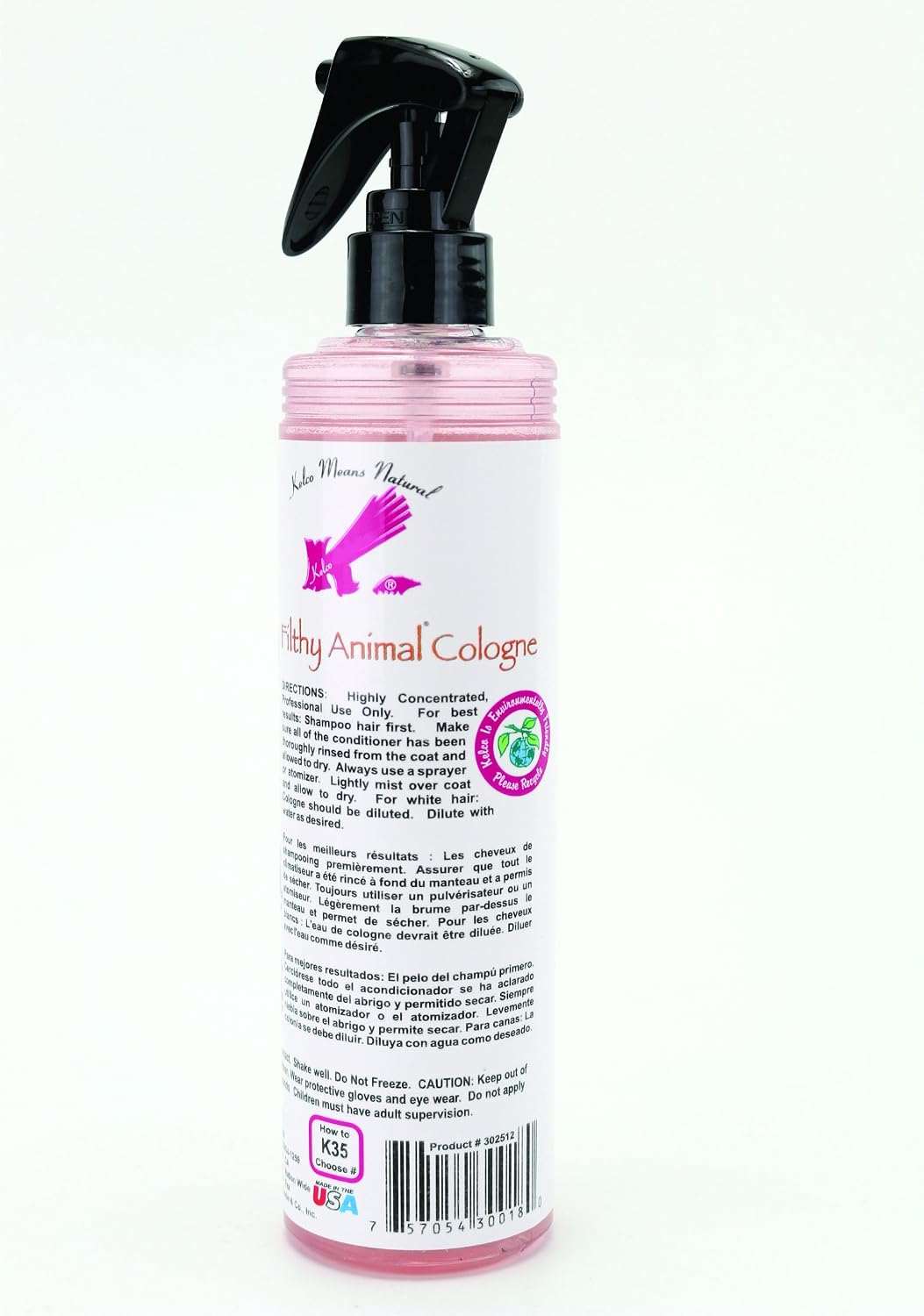 Back label of Kelco concentrated pet cologne showing directions for dogs and cats