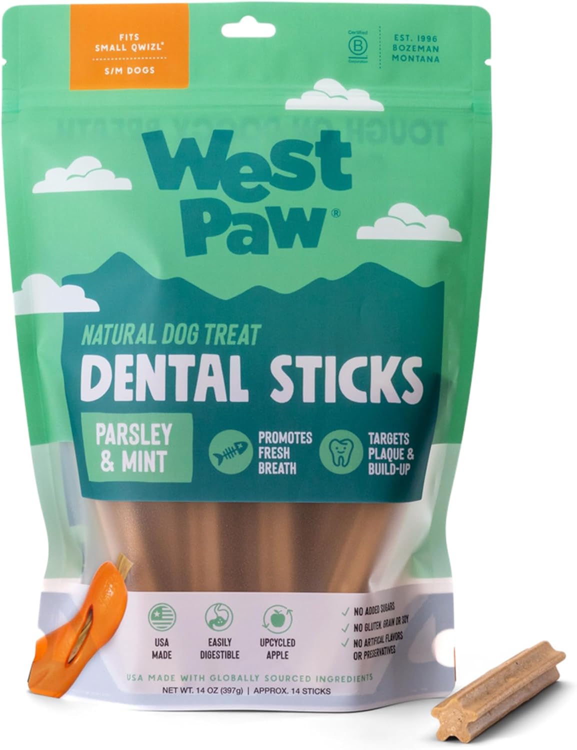 Packaging back label showing ingredients for West Paw Dental Sticks