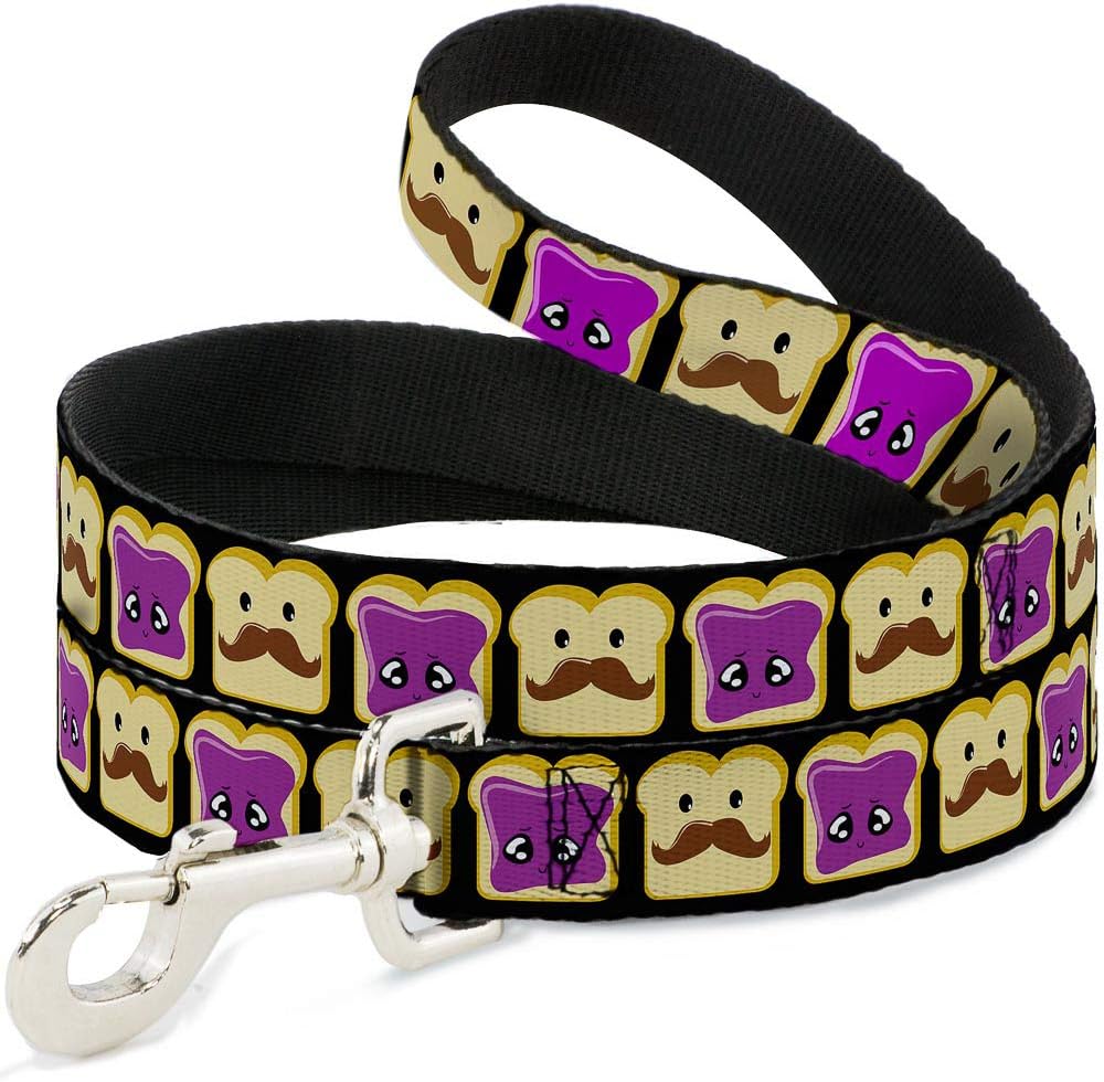 Buckle-Down pet leash front view showing the full peanut butter mustache and jelly pattern.