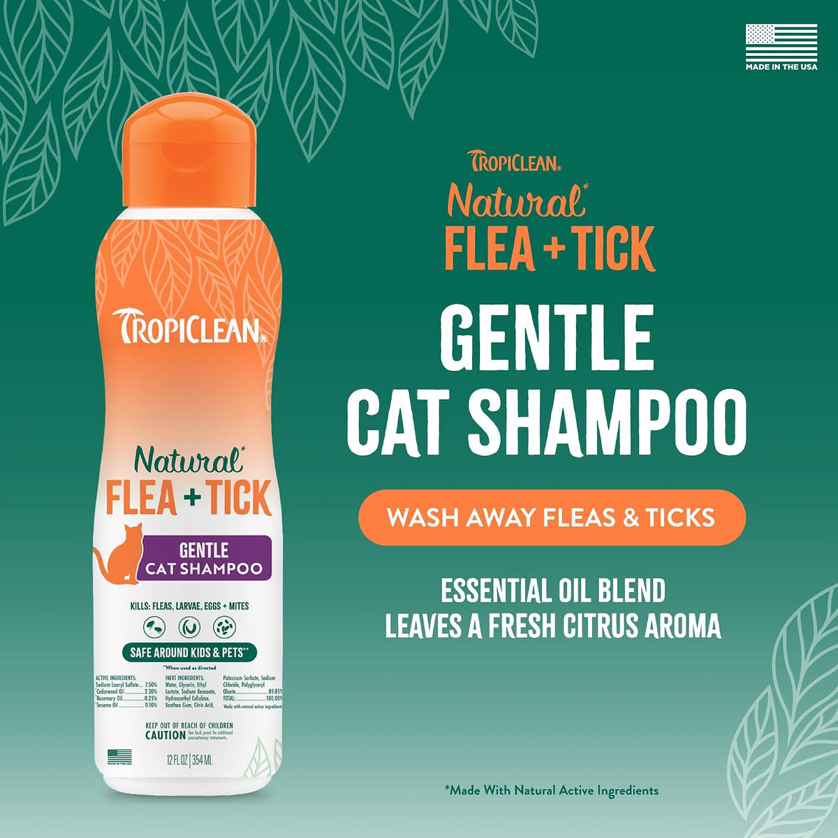 USA imported TropiClean cat flea prevention twelve ounce bottle packaging