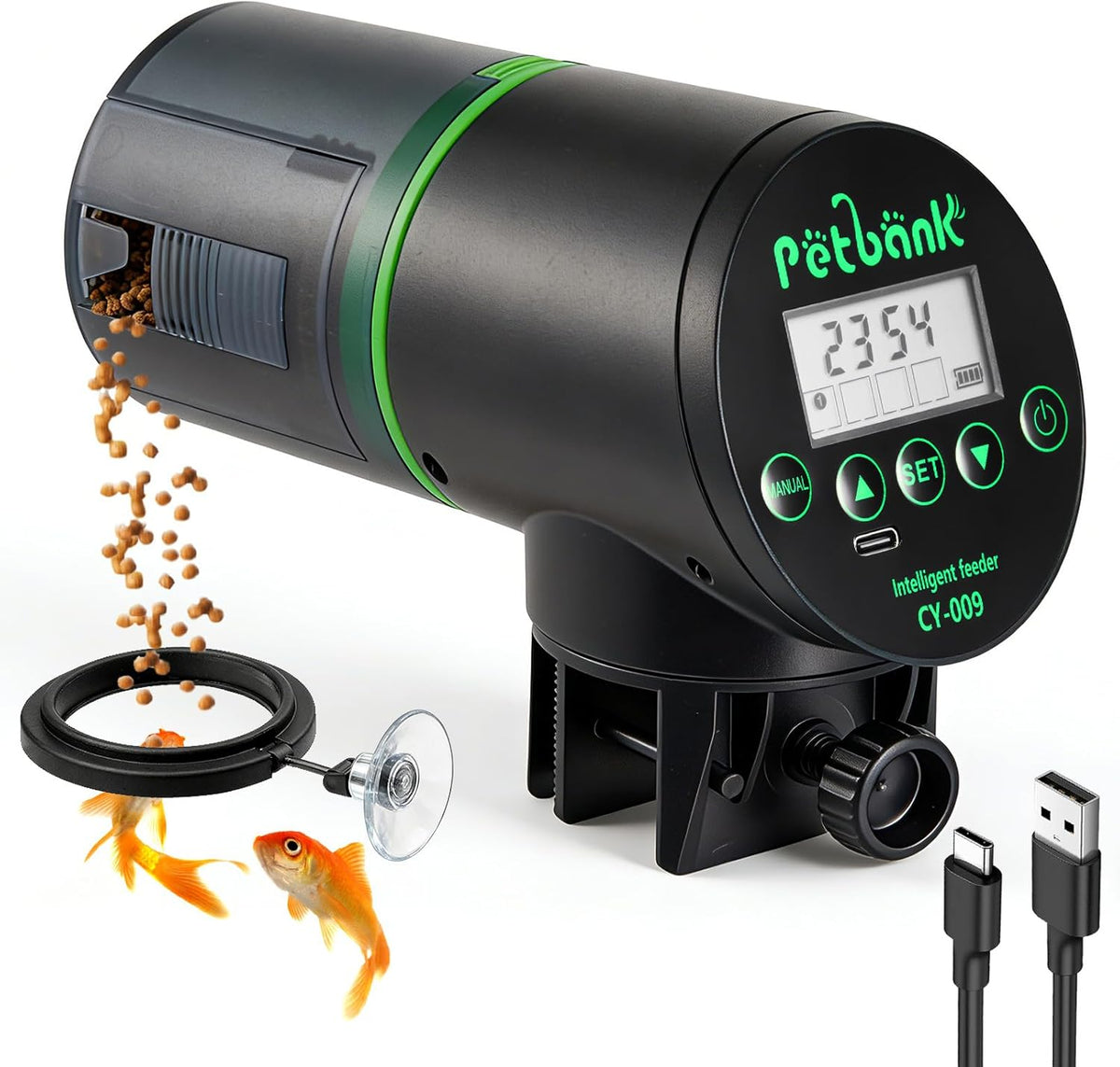 Petbank automatic fish feeder front view displaying digital LCD screen timer