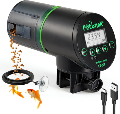 Petbank automatic fish feeder front view displaying digital LCD screen timer