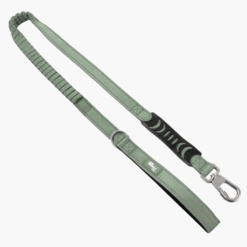 Dog Friendly Co. Bungee Dog Leash khaki regular size front view showing shock absorbing elastic section.