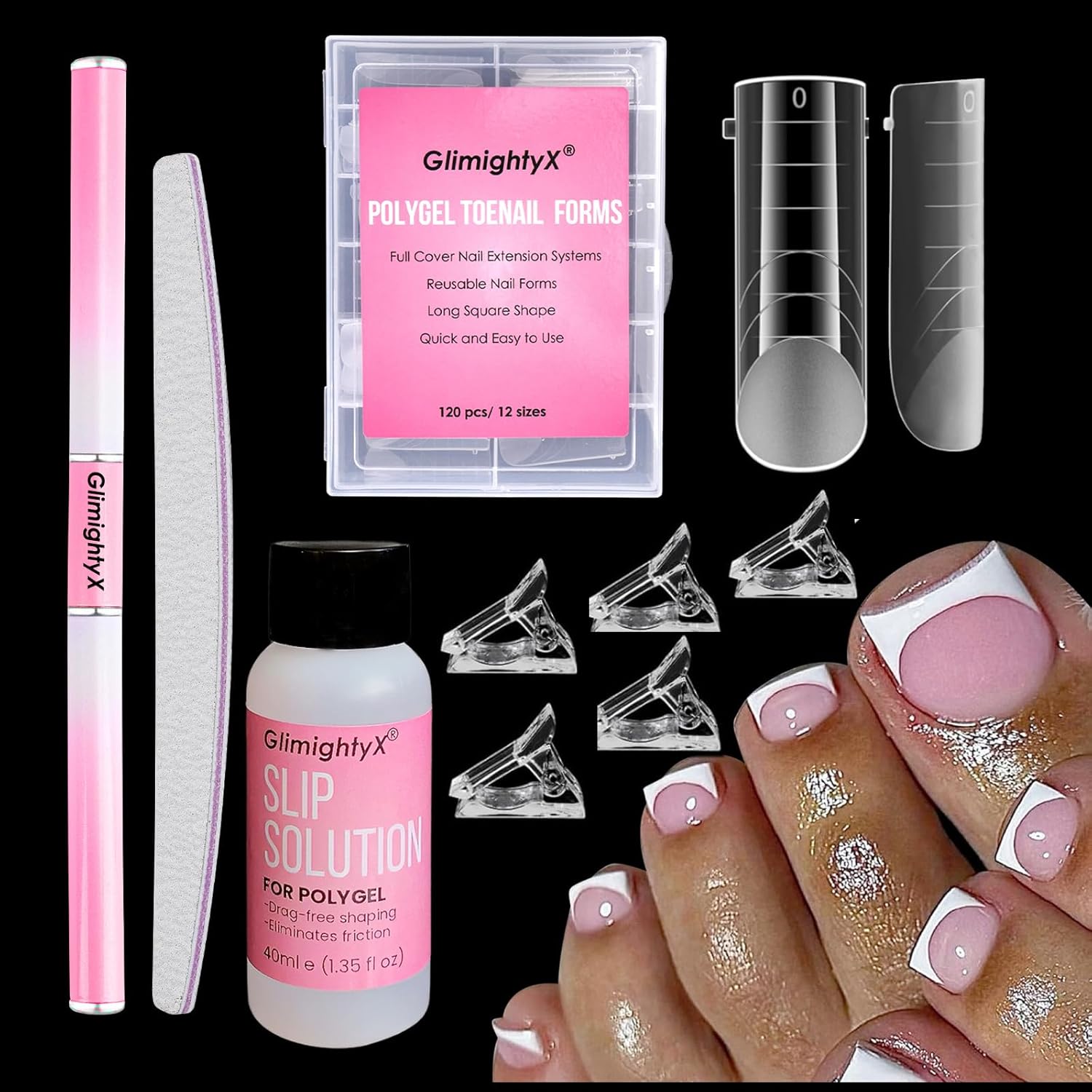 GlimightyX polygel nail forms kit for toes front view with accessories
