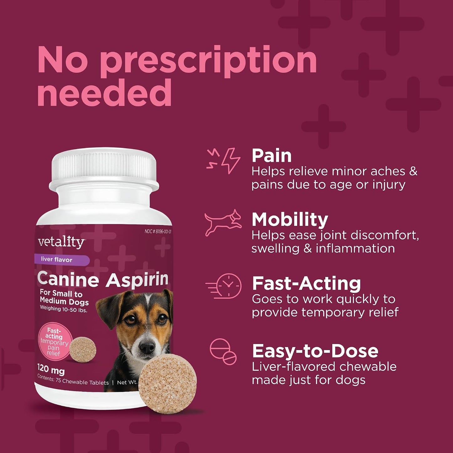 Vetality one hundred twenty milligram canine aspirin product label instructions
