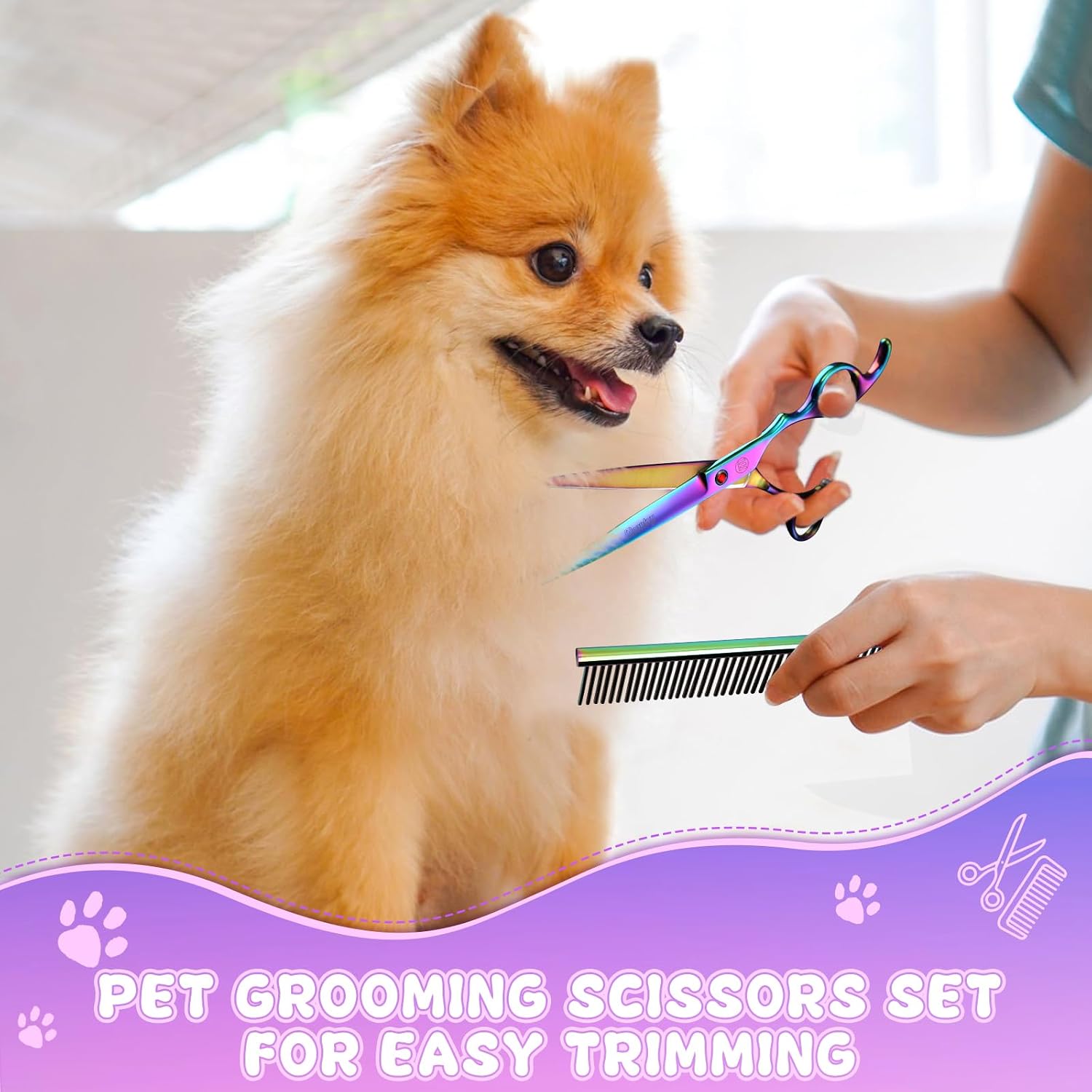 Moontay curved pet grooming scissors detailing the sharp convex blade edge.