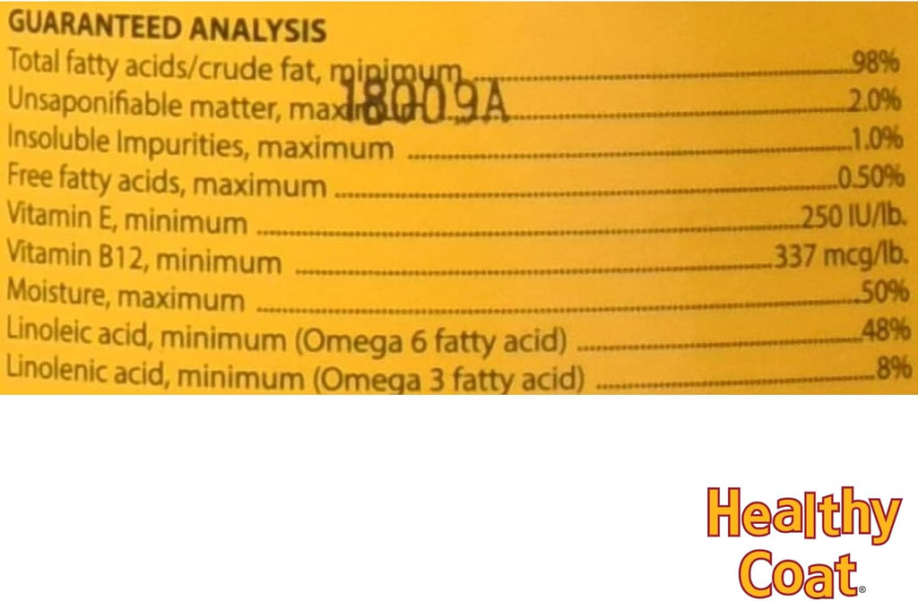 Close-up of HealthyCoat poultry feed supplement product label and brand details.