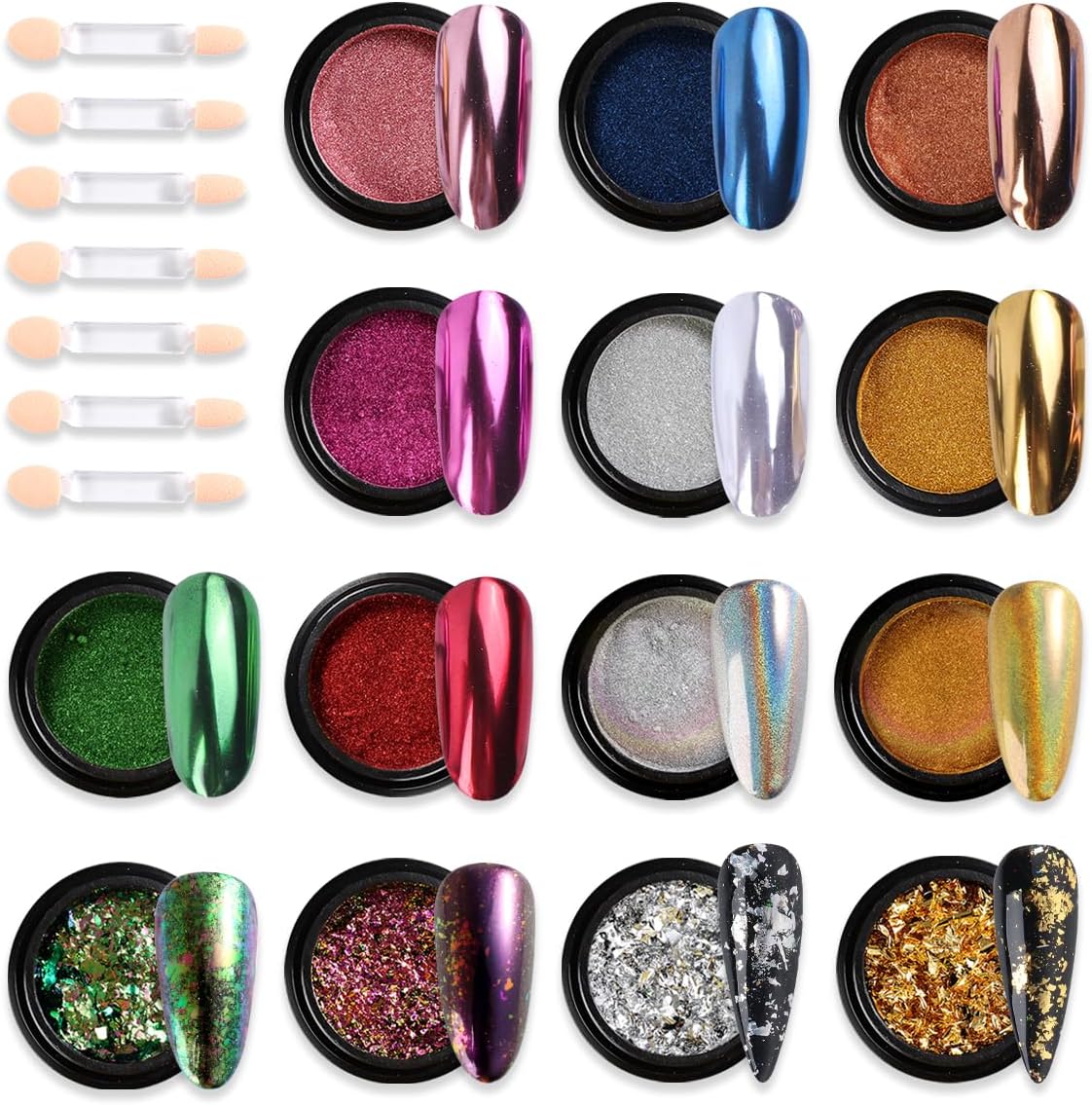 Sminakh chrome nail powder set featuring 14 vibrant colors and applicator brushes