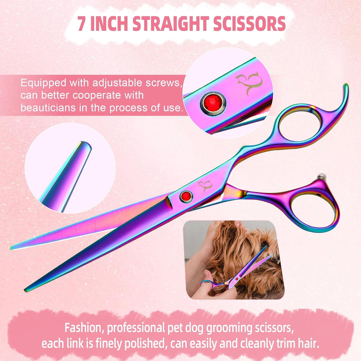 Complete Nyutcwe professional pet grooming kit featuring straight and curved rainbow shears in a black case