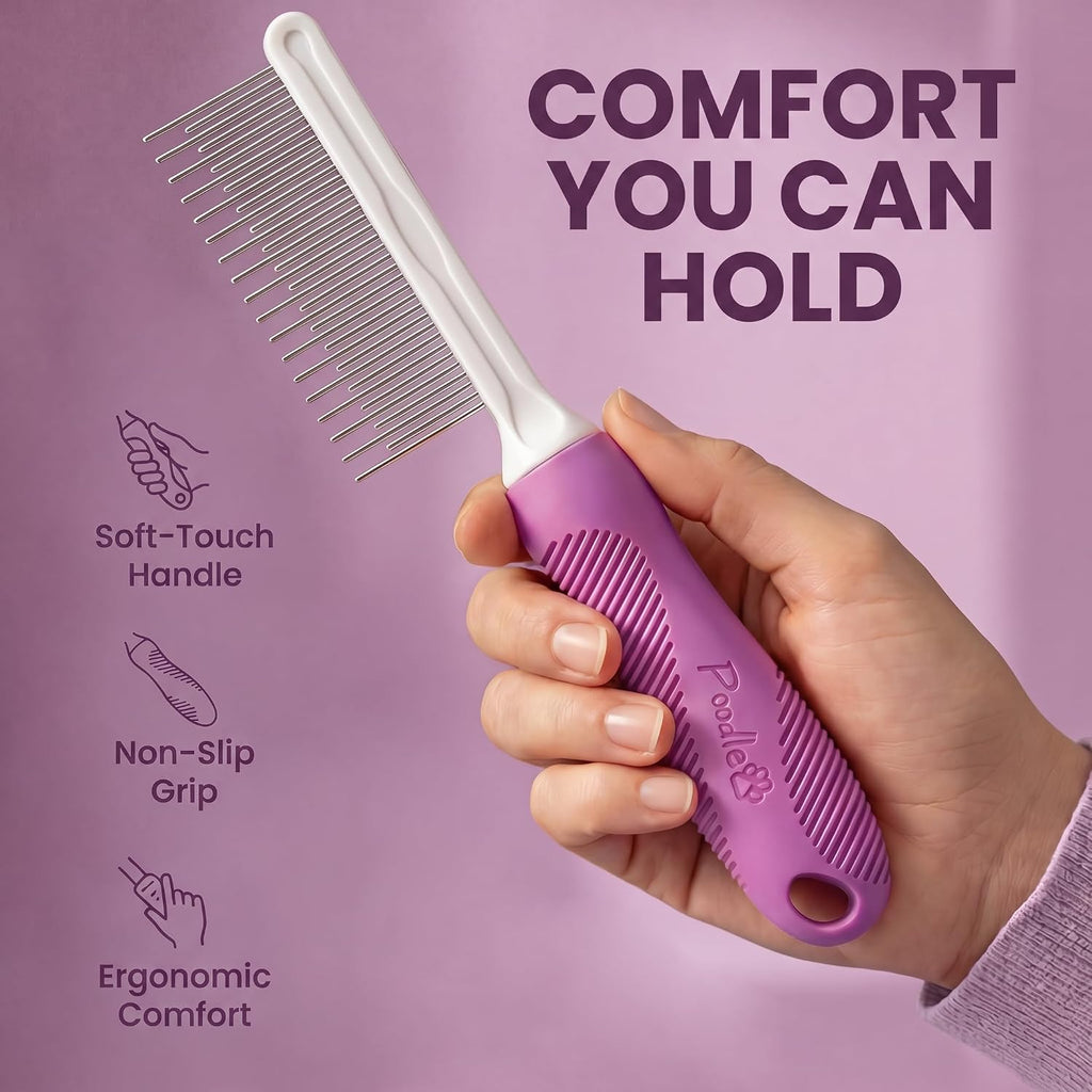 Side view of the lightweight Poodlie professional detangler comb for cats and dogs grooming at home